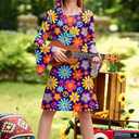 BesserBay Girl's 4 Pcs Halloween 70s Hippie Dress Bell Sleeve Floral Printed Outfit  10 Years (M)