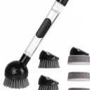 Soap Dispensing Dish Brush with Handle, 360 Rotating Head, 5-Piece Kitchen Cleaning Set (2 Brush Heads & 3 Sponges), Non-Scratch Scrubber for Pot, Pan, Sink, Leak-Proof Dishwand, Black