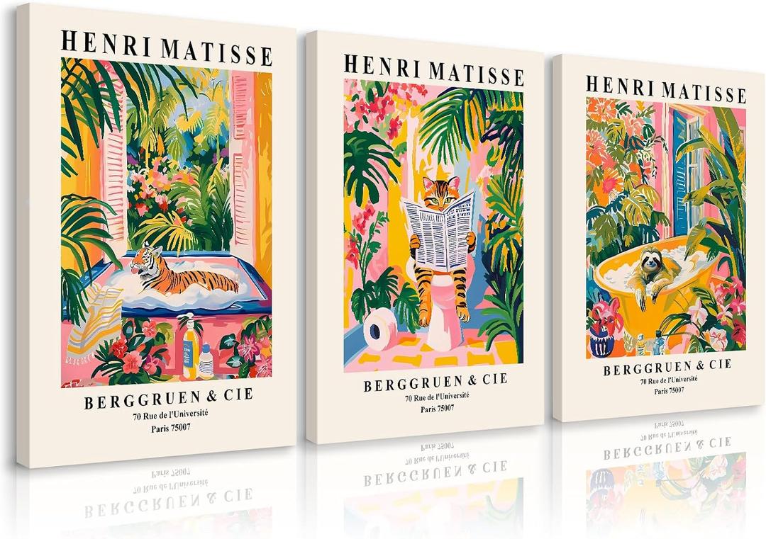 Animal Bathroom Wall Art Funny Cat Canvas Wall Decor Tiger Bathtub Art Pictures Funny Bathroom Poster Henri Matisse Prints Cute Animal Painting Pink Tropical Artwork Toilet 16x24x3 Inch Ready to Hang