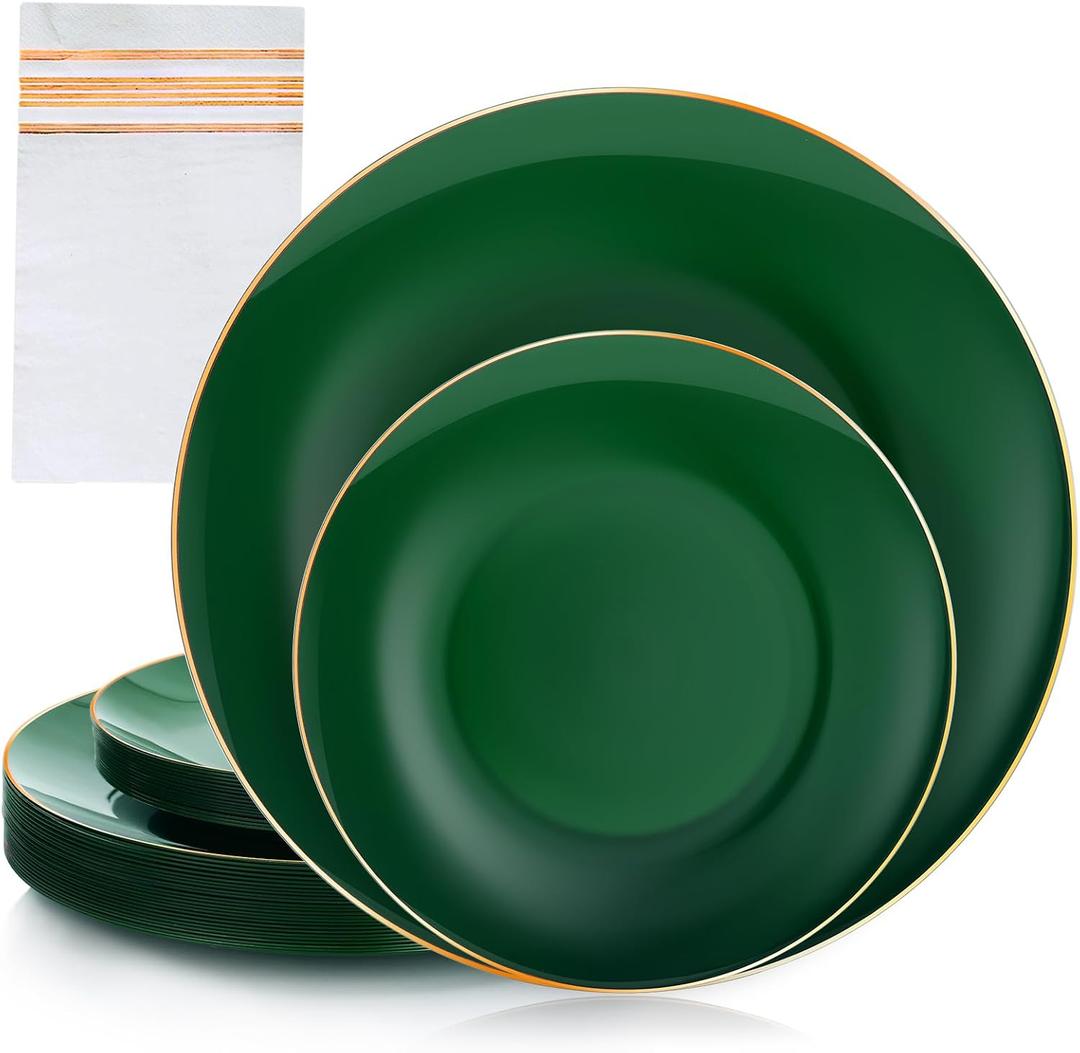 40 PCS Green Plastic Plates, Green Disposable Plates With Gold Rim, Heavy Duty Plastic Plates include 20 Dinner Plate, 20 Dessert Plate, 20 Napkins for Party Wedding St patricks day