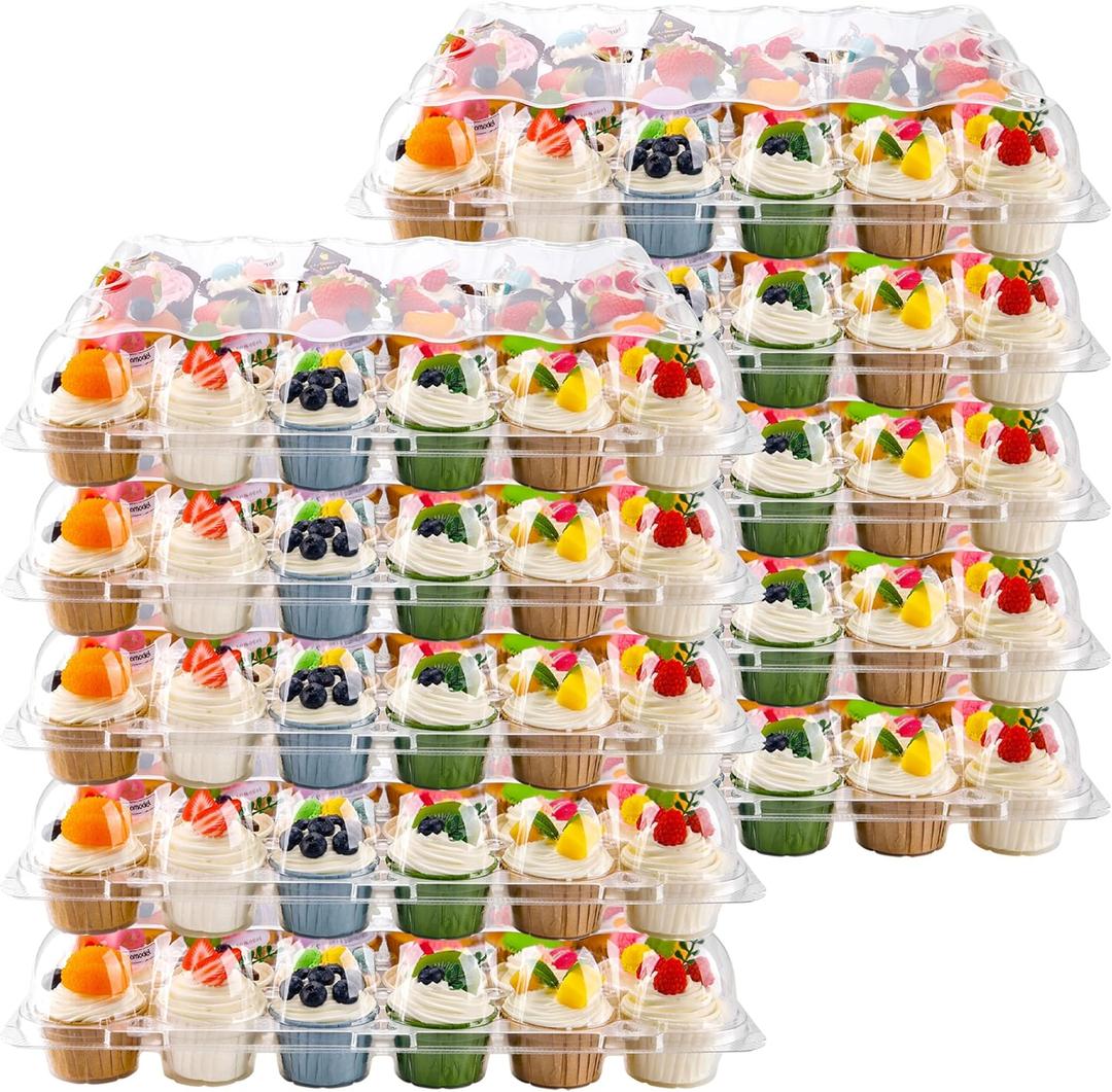 NPLUX 24 Count Cupcake Containers 10 Pack Cupcake Holders with Detachable Tall Dome Lids Clear Plastic Stackable Cupcake Boxes for 240 Cupcakes, BPA Free, Standard Size