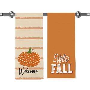 2Pcs Orange Stripe Dot Pumpkin Hello Fall Kitchen Towels Fall Kitchen Decor for Home Autumn Thanksgiving Harvest Gifts Waffle Weave Dish Tea Hand Towels for Farmhouse Kitchen Bathroom 14 x 23 Inches