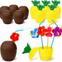 FUTUREPLUSX 12 Pineapple Coconut Cups with 12 Drink Straws, Tropical Hawaiian Luau Decorations and Beach Pool Theme Party Favors for Kids Adults