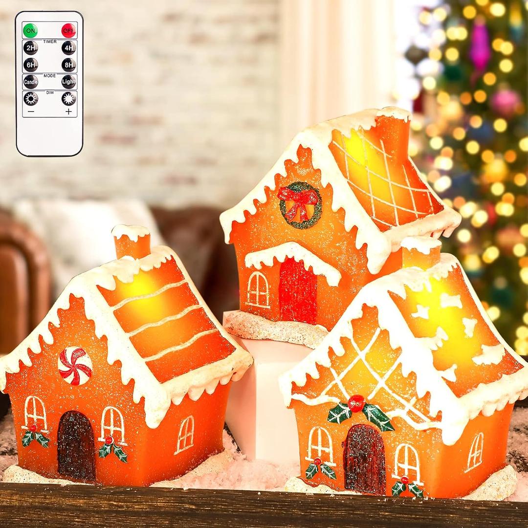 Christmas Gingerbread House Tabletop Decoration Lighted Christmas Village House Real Wax Battery Operated with Remote Flickering LED Light Christmas Village Decor for Mantel Desk Table Centerpiece