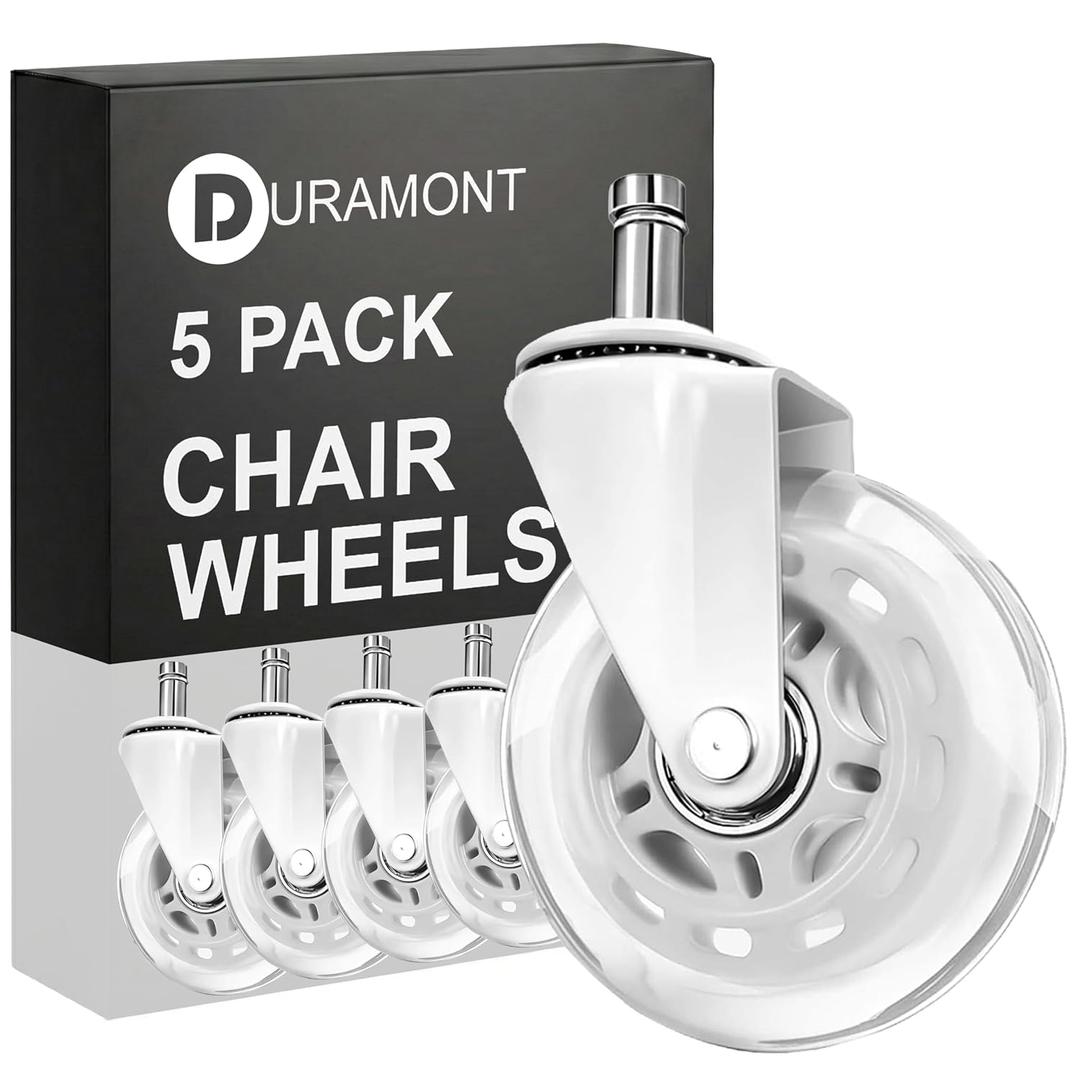 Office Chair Wheels - Set of 5 Rollerblade-Style Casters, Smooth & Quiet Rolling, Protects Hardwood Floors & Carpets, Universal Fit, Durable and Long-Lasting - White