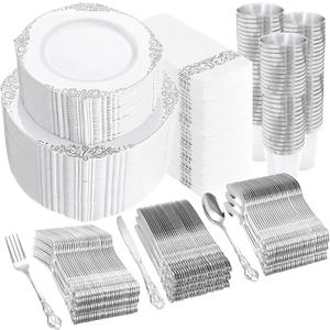 YOUBET 700PCS Silver Plastic Plates - White and Silver Disposable Plates - Silvery Plastic Dinnerware Set - Include 200 Plates, 300 Heavy Duty Silverware, 100 Cups and 100 Napkins for Wedding & Party