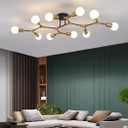 POUNEE Modern Mid Century Gold and Black Sputnik Semi Flush Mount Ceiling Lighting Fixture for Living Room Dining Room Bedroom Kitchen Island Office, Minimalist Metal 10 Light Chandelier