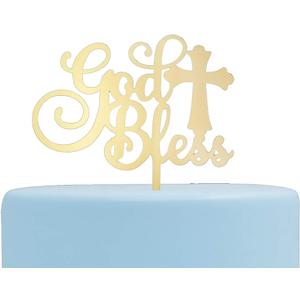 God Bless Acrylic Cake Topper for Baptism, Christening, Dedication or First Communion Decorations(MIrror Gold)