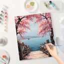 Nature Landscape Paint by Numbers Kit for Adults - DIY Cherry Blossom Path by The Sea Painting on Canvas, Acrylic Paint Set, Suitable for Beginners, Art for Home Decoration or Gifts(8X12IN Framed)