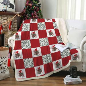 Sherpa Fleece Blanket Throw, Cardinals Birds Stitching Plaid Fuzzy, Soft Lightweight Breathable Bed Sofa TV Couch Blanket, Christmas Home Decor, 50'x60'