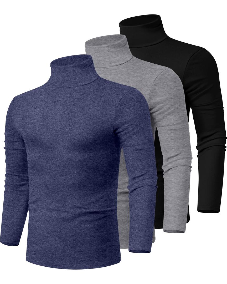 Ficerd 3 Pack Men's Turtleneck Shirts, Long Sleeve Cotton Pullover Sweaters Mock Neck Knitted T-Shirt Basic Slim Fit Tops, XL