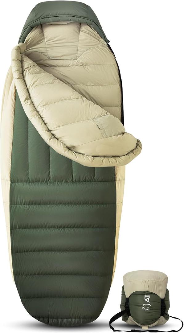 ATEPA Down Sleeping Bag for Adults, 700FP 0 Degree Mummy Cold Weather Lightweight Wide Sleeping Bag with Compression Sack for Camping, Outdoor (3 Season 25 Green)