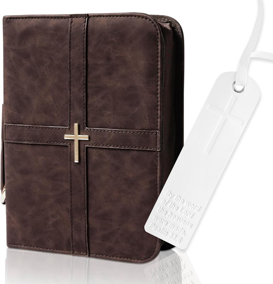 Bible Cover, Discreet & Elegant Bible Case, Brown PU Leather Bible Cover, Cross Design Bible Bags, Strong and Sturdy Book Case, Includes Premium Bookmark