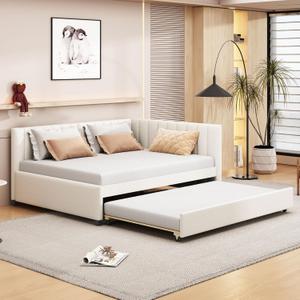 PVWIIK Upholstered Full Size Daybed with Trundle for Bedroom Guest Room Living Room,Solid Wood Bed Frame w/Twin Trundle, No Box Spring Needed,(Beige)