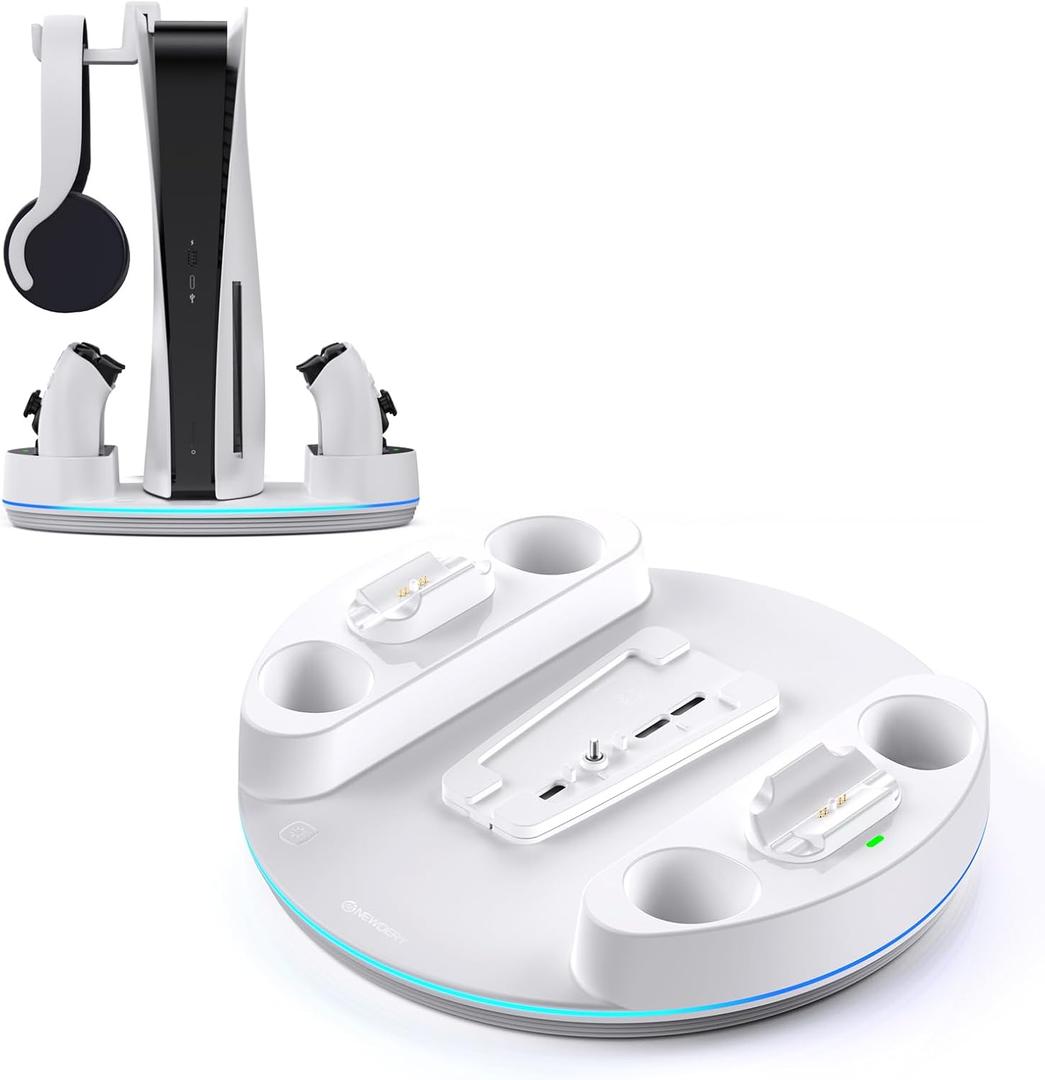 NEWDERY for PS5/Slim/Pro Console Stand, with Dual Charging Station for PS5 Controllers, Adjustable RGB Light, for PS5 Controller Charger Stand - White