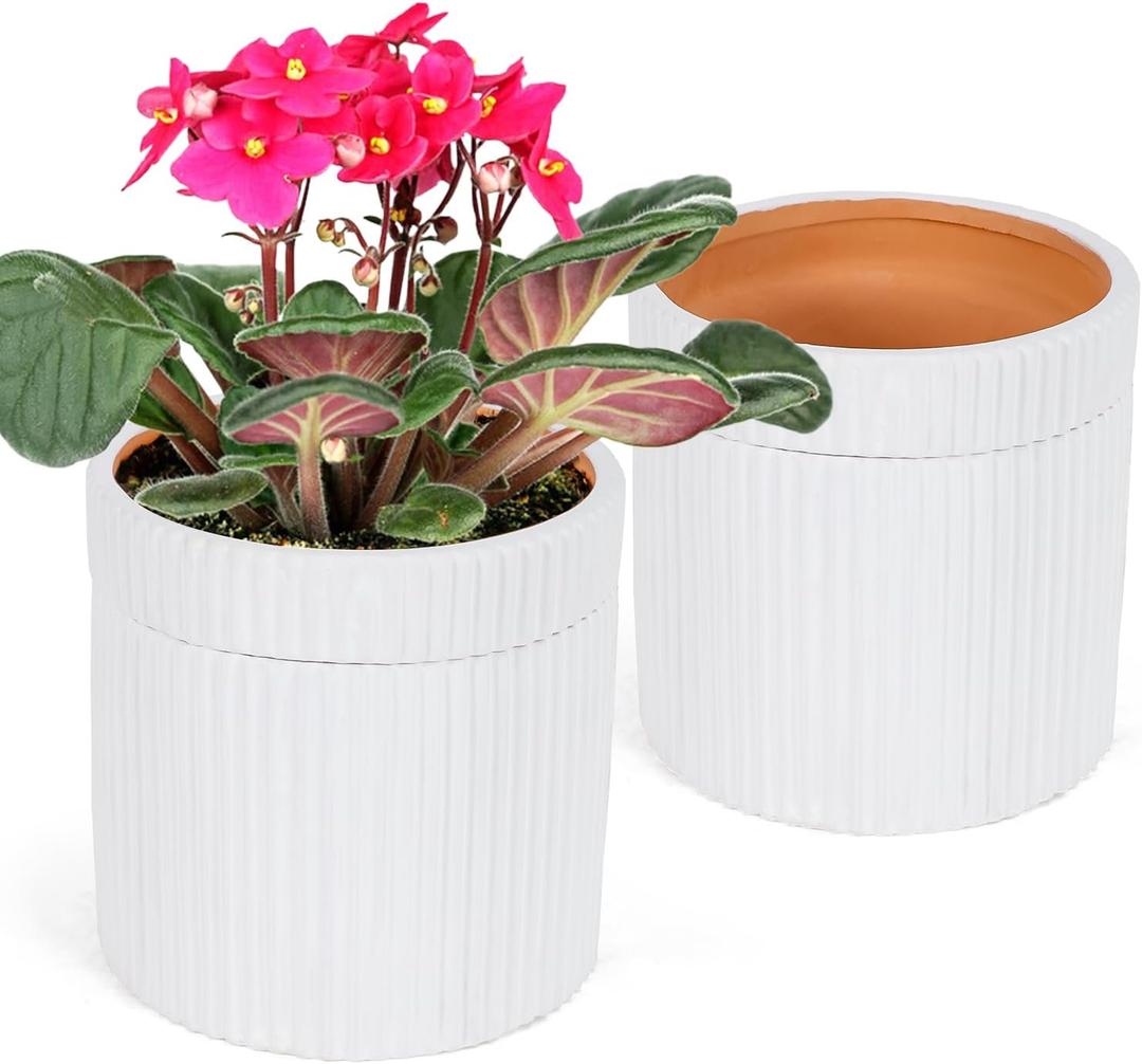 2pcs 5.1 * 5.1 Inch White African Violet Pot Terracotta Clay Pot Self Watering Flower Pot Simple Plant Self Watering Pot Indoor Flowers High Absorption Herbaceous Flower Pot