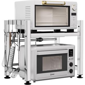 Extendable Microwave Oven Rack, Microwave Shelf Adjustable Over Microwave Stand Countertop 2-Tier Stainless Steel Organizing Rack with 4 Hooks for Kitchen Utensils Tableware Storage
