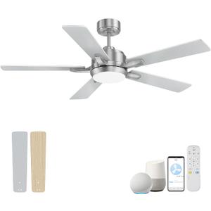cumilo 52 Smart Outdoor Ceiling Fans LED Lights and Remote,Quiet DC Motor,6 Speed,Dimmable,Indoor Modern Brushed Nickel Ceiling Fan Controlled by WIFI Alexa App,Gray Silver Wood Bedroom Patio Porch, 52 inch-Downrod