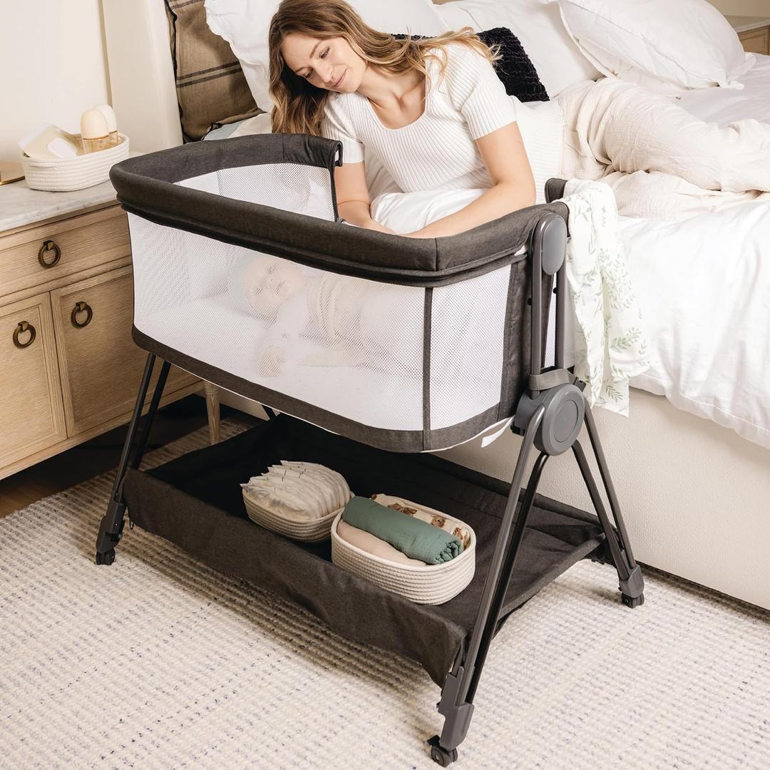 Bassinet & Bedside Crib with Height Adjustment & Wheels - Can Be Placed Next to Bed - Attaches to Parents Bed - Easy to Fold & Carry Bassinet (Grey)