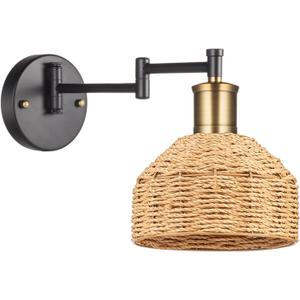 1-Light Wall Sconce, Black Swing Arm Hardwire Wall Lamp with Natural Paper String Shade, Bronze Head, Vintage Adjustable Wall Mounted Sconce, Boho Wall Light for Bedroom,Living Room