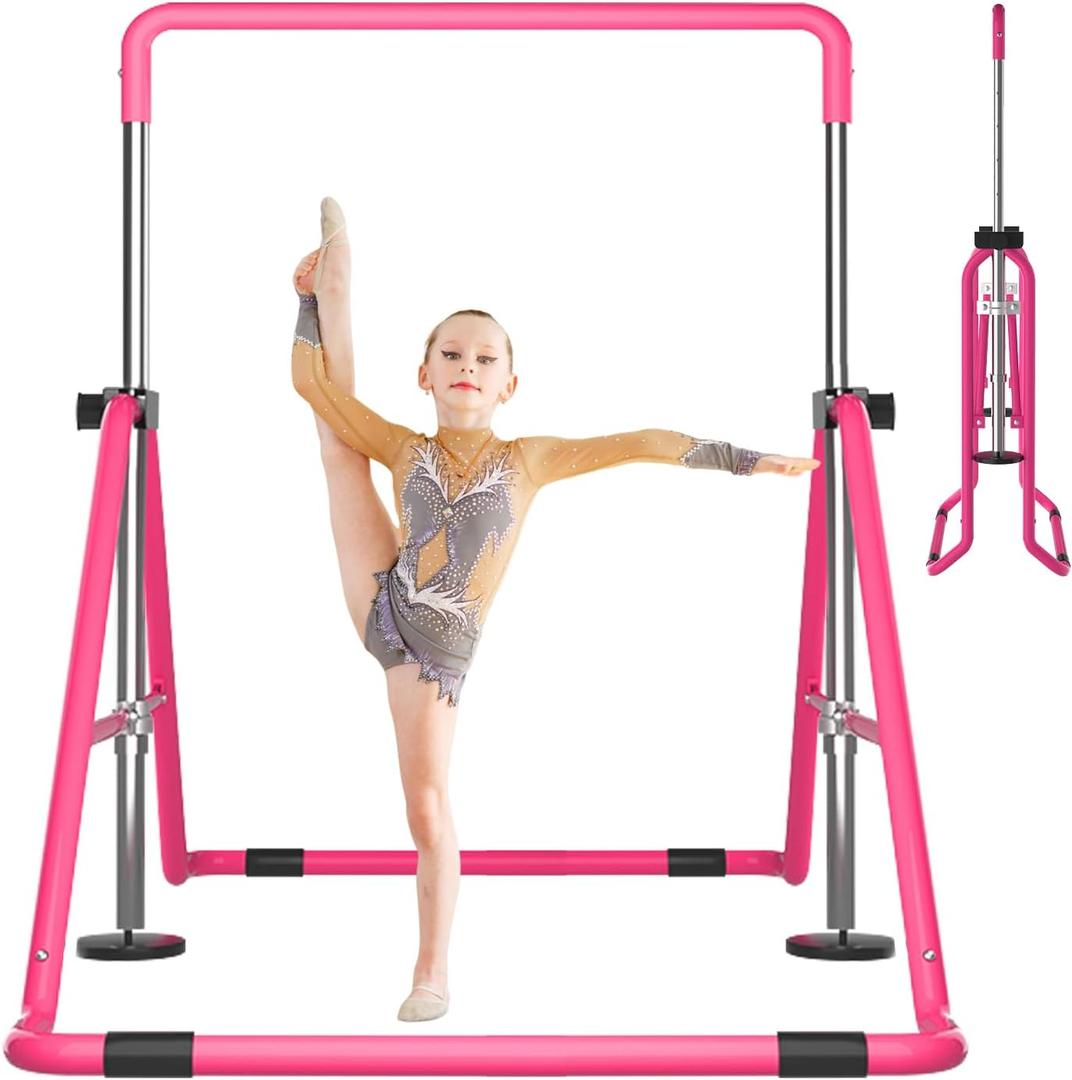 DOBESTS Kids Gymnastics Bar Folding Horizontal Bar, Adjustable Height Gymnastic Horizontal Bars, Gymnastic Training Equipment for Home (Pink)