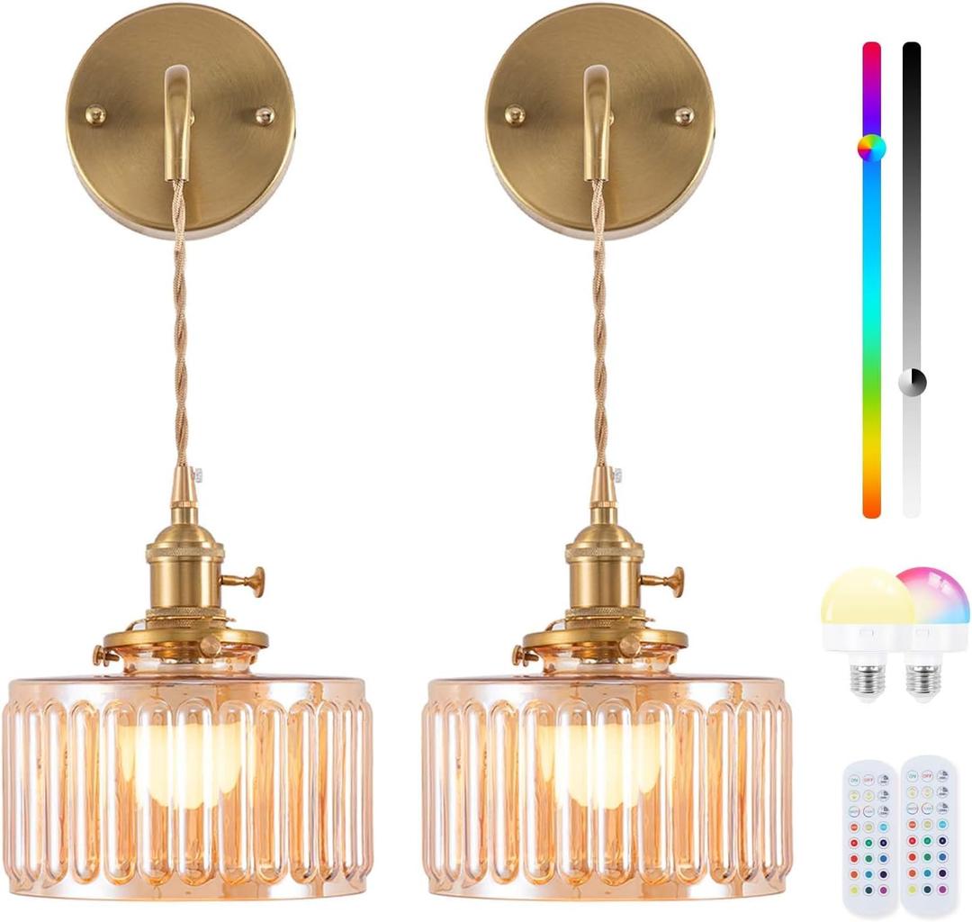 Vintage Battery Operated Wall Sconce with Adjustable Chain,Rechargeable Wireless Wall Sconces with Remote Control,Brass Vintage Wall Lamp for Living Room Bedroom Set of 2 (Striped-Amber)