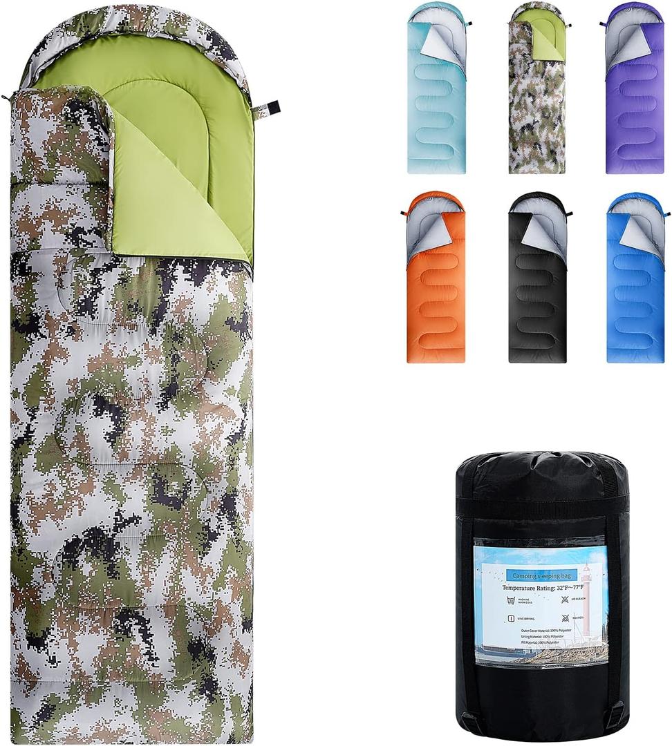 Sleeping Bags for Adults,Kids & Girls-Warm & Cold Weather Lightweight Waterproof Sleeping Bag Backpack with Compact Bag,Great for 3-4 Seasons Hiking,Camping and Outdoor (Single, Army Green Camouflage/Left Zip)