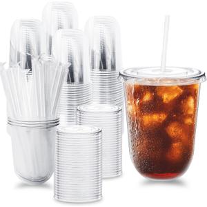 100 Pack Clear Plastic Cups with Lids and Straws,16 oz Disposable Iced Coffee Cups,PET Crystal Cups,Round Bottom To Go Cup for Iced Coffee Juice Smoothie Cold Beverage