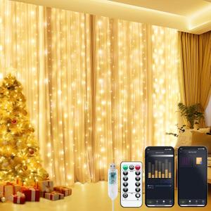 Brightown Smart Fairy Curtain Lights - 9.8ft 300 LED Window String Light with APP and Remote Control, 8 Modes, USB Plug in Waterproof for Bedroom, Indoor, Weddings, Party (Warm White)