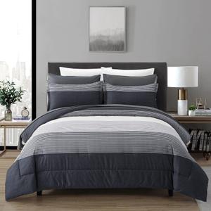 7 Pieces Bed in a Bag Black Grey Queen Size Comforter Set, Lightweight Striped Microfiber Bedding Comforter Sets for Queen Bed (1 Comforter, 2 Pillowcase, 2 Pillow Shams,1 Flat Sheet, 1 Fitted Sheet)