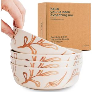 Nook Theory 4 Pack Bamboo Bowls - 18 Oz Reusable Toddler and Kids Bowl, Dishwasher Safe - Not Microwavable Bamboo Dishes (Wildflower)