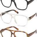 AMOMOMA 3 Pack Oversized Aviator Spring Hinge Reading Glasses for Women Men,Retro Blue Light Computer Reader Frame AM6081 (C1.black+c2.crystal+c3.yellow Tortoise)