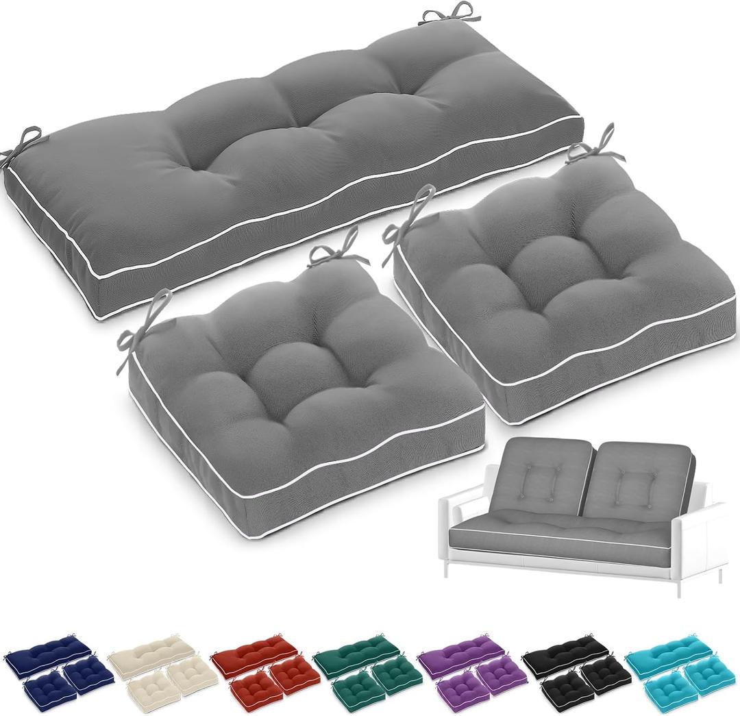 Wenqik Outdoor Wicker Chair Cushions of 3 Pieces 44 x 19 x 4 Inch Waterproof Tufted Bench Cushions for Patio Furniture Fade Resistant 1 Loveseat and 2 Square Seat Pad for Swing Sofa Settee (Gray)