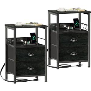 Furologee Nightstand Set of 2, Black Oak, with Charging Station and USB Ports, Side Tables with 2 Fabric Drawers, Bedside Tables with Storage Shelf & Hooks, for Living Room/Bedroom