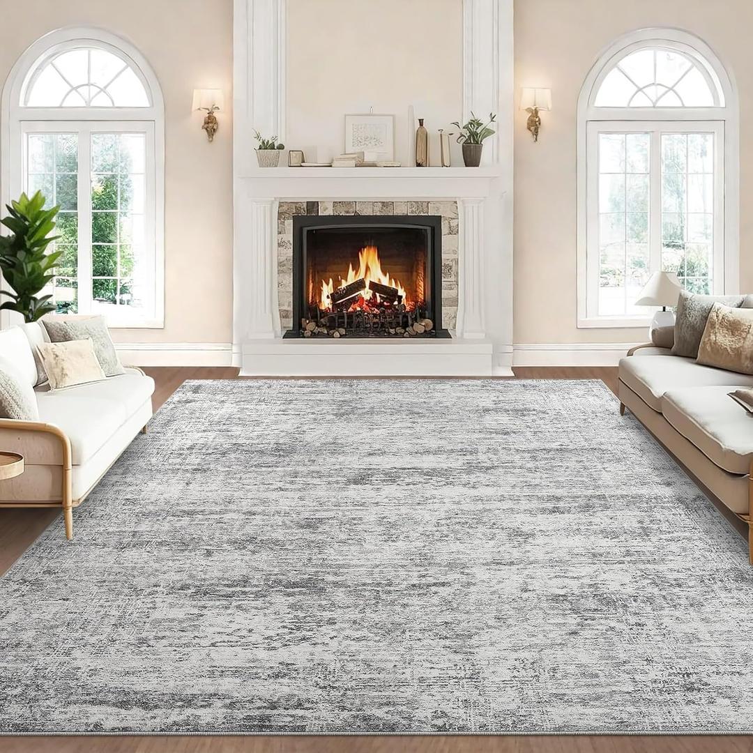 Area Rug 9x12 for Living Room - Modern Non-Slip Neutral Grey Large Washable Rugs for Bedroom - Low Pile Thin Large Floor Carpet for Dinning Room Home Office