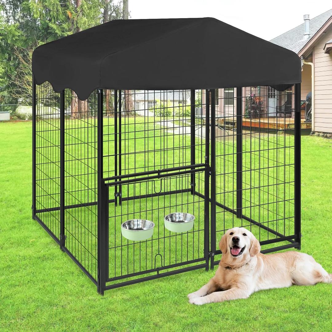 Dog Kennel Outdoor, 4'L x 4'W x 4.5'H Dog Kennel Outside with Waterproof Roof Metal Dog Cage for Outside with Rotating Feeding Door, Bowls, Dog House Enclosure for Dogs