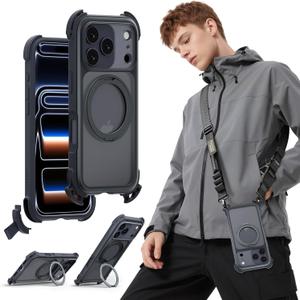 MAGEASY Compatible with iPhone 17 Pro 6.3" Case with 360 Stand - 25ft Ultimate Drop Protection, Work with MagSafe, Crossbody Utility Strap, Aluminum Frame | Odyssey Ultra M (Midnight)