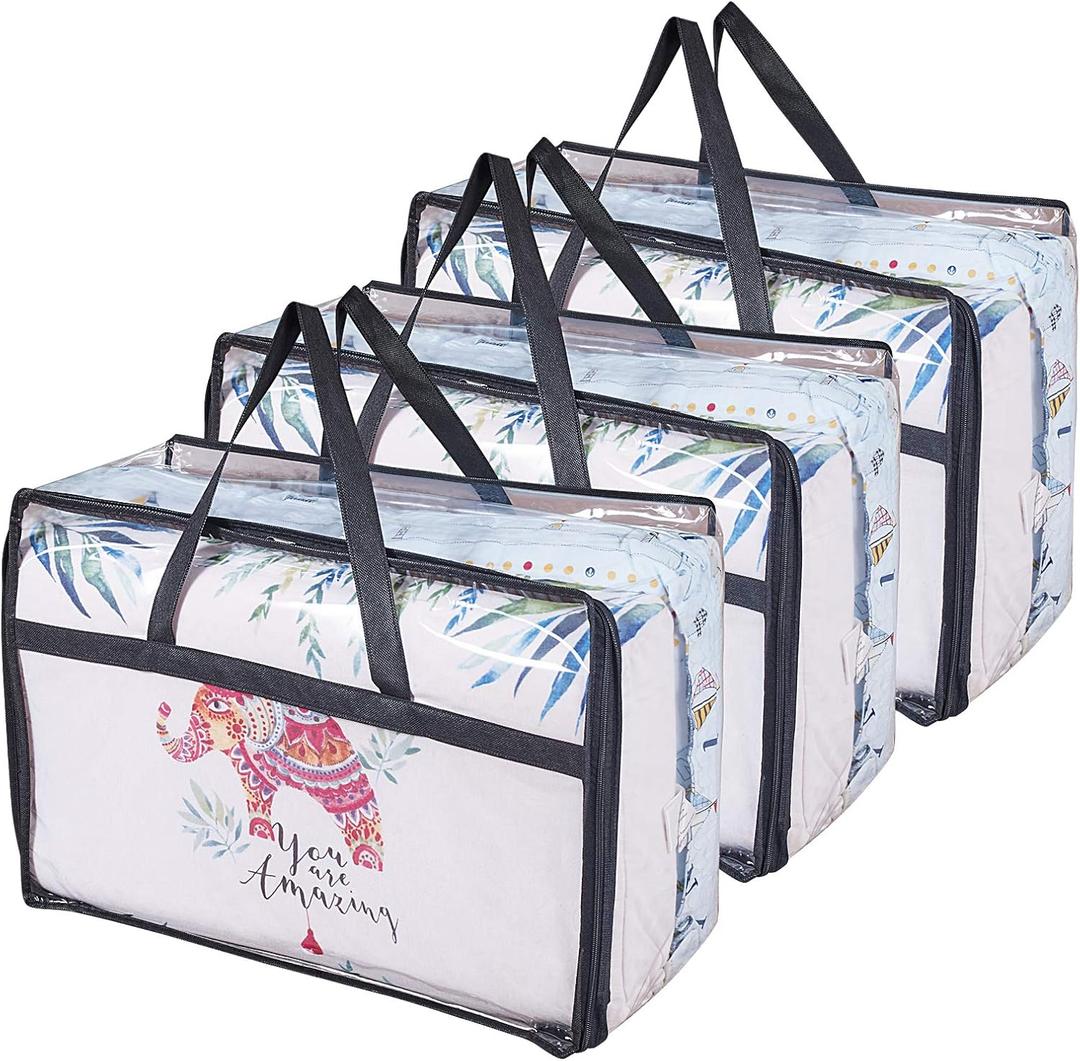 Clear Clothes Storage Bag Organizer with Reinforced Handle, Vinyl Storage Bags for Comforter, Blanket, Bedding, Toys, Transparent Moving Totes with Sturdy Dual Zippers, 3 Pack, 55 L, Black