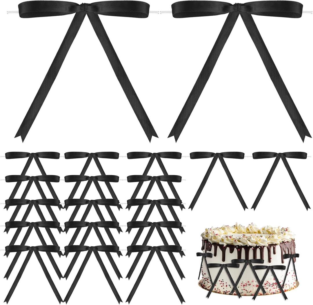 60 Pcs Twist Tie Bows Black Bows for Cake Decorating, Satin Ribbon Bows for Gift Wrapping Crafts Treat Bags, 5 x 7 Inch