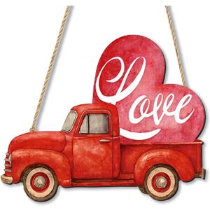 6 x Valentines Day Decorations, Valentines Day Red Truck Door Decor, Wooden Door Hanging Sign, Valentines Day Door Hanger Farmhouse Front Door Decorations for Home Porch, Wall, Outdoor
