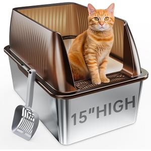 Tripamin 15 XL Stainless Steel Cat Litter Box Enclosure, XXL Stainless Steel High Sides with Lid, Extra Large Metal Cat Litter Box, Anti Leakage, Non-Sticky, Easy Cleaning, Includes Scoop (Translucent brown)