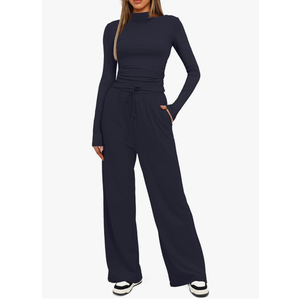 Darong Women's 2 Piece Outfits Lounge Sets Long Sleeve Mock Neck Tops High Wasited Wide Leg Pants Tracksuit Sets Dark Blue, XS