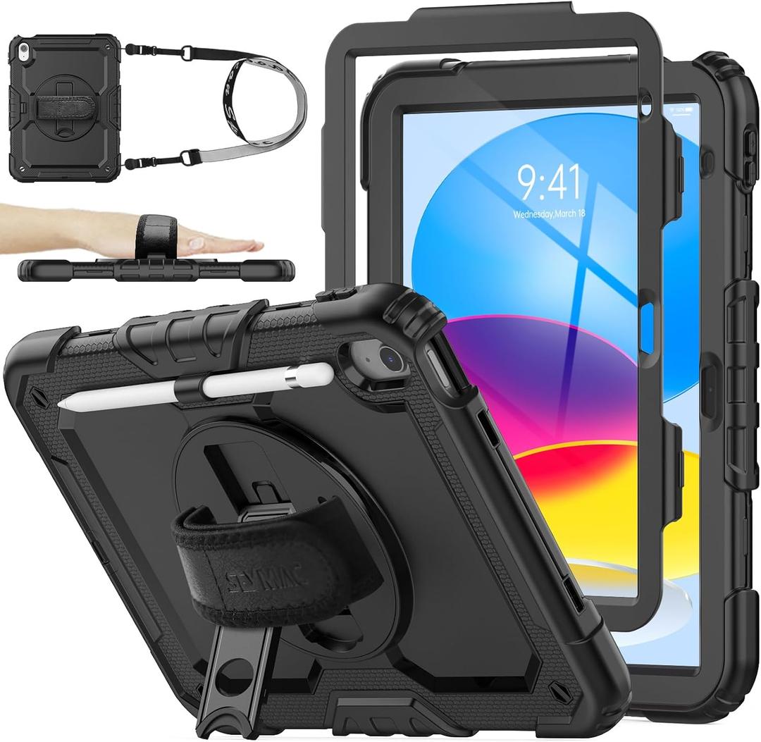 SEYMAC stock Case for iPad (A16) 11th/10th Generation 11''/10.9'' 2025/2022, Full-Body Drop Protection Case with Screen Protector &360 Rotate Hand Strap/Stand, Black