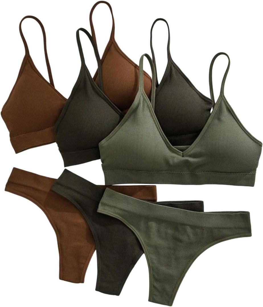 Women's 6 Piece Ribbed Knit Lingerie Sets Seamless Wireless No Show Bra and Panty Thong Sets Matching Underwear Sets (Large, Multi Green)