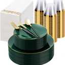 350 Pieces Green Gold Plastic Dinnerware Set, Gold Disposable Plates for Party, Include 100 Green Plates with 150 Plastic Cutlery, 50 Napkins and 50 Cups