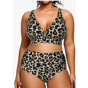 Yonique Womens Plus Size Bikini High Waisted Swimsuits Two Piece Bathing Suits Tummy Control Swimwear, 28W, Leopard