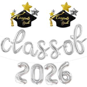 2 x 16 Inch Silver Class of 2026 Balloons Graduation Balloons Class of 2026 Graduation Cap Balloon Banner for 2026 Congrats Grad Graduation Party Decorations