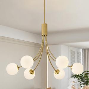 Modern Mid Century Gold Chandeliers, 6-Light Glass Globe Chandeliers Hanging Sputnik Chandelier Light Fixtures for Dining Room Living Room Bedroom Kitchen Island Foyer