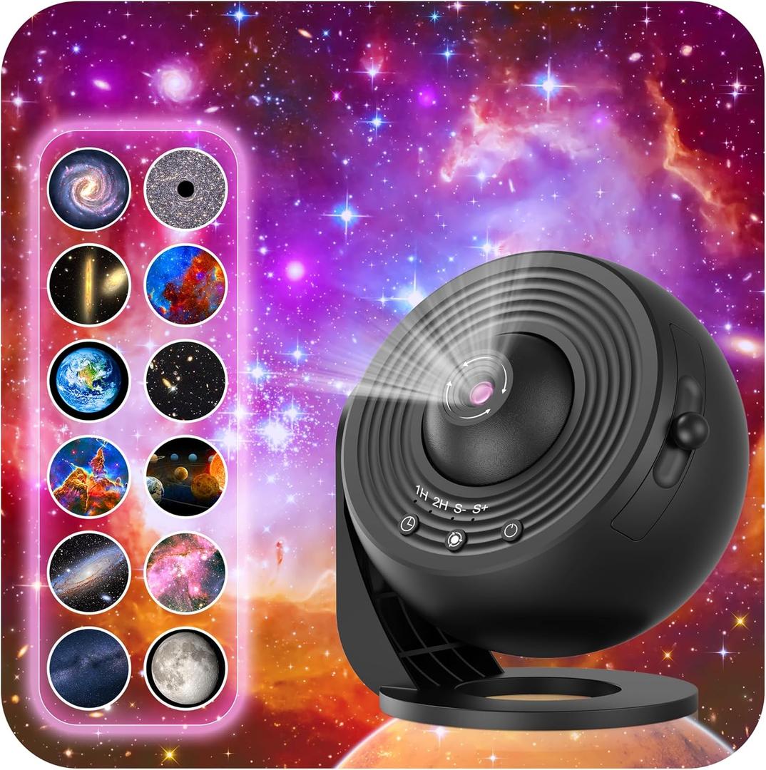 Galaxy Projector for Bedroom, HD Image Star Projector Galaxy Light Adjustable Knob, 13 Film Discs Planetarium Projector for Kids, 360 Rotating 1/2h Timer Simple 3-Button Control