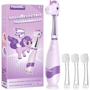 Papablic Toddler Sonic Electric Toothbrush Kids for Ages 1-3 Years, Baby Electric Toothbrush with Cute Unicorn Cover and Smart LED Timer, 4 Brush Heads (Arya)